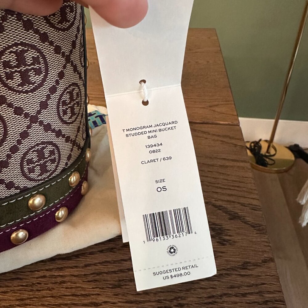 NWT! NEW Tory Burch T Monogram Jacquard Studded Mini Bucket Bag -multi leather - Picture 12 of 15